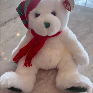 Ty Beanie Baby Festive White Teddy Bear with Red and Green Hat. Merry